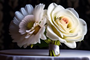 Primer plano de una rosa blanca y una margarita, con fondo oscuro